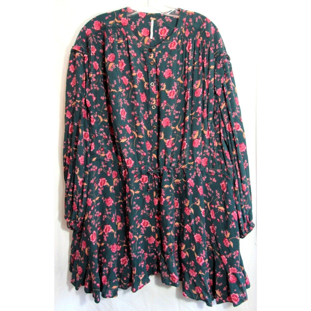 Free People Green Floral Flower Fields Long Sleeve Mini Dress Size Small EUC